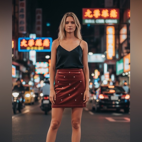 Rust colored Velvet Mini Skirt with Pearl Details - Picture 2 of 6